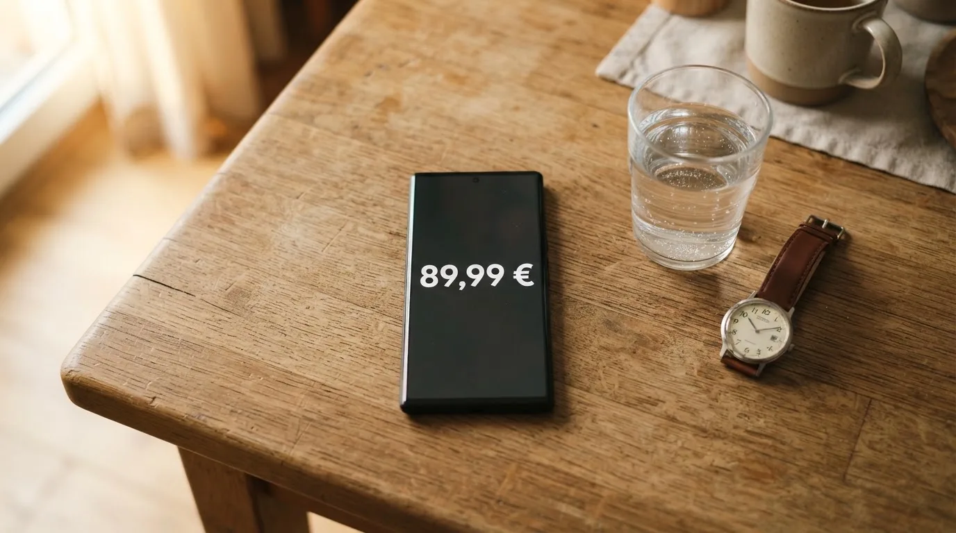 Ein Smartphone liegt mit dem Display nach unten auf einem Küchentisch, daneben stehen ein Glas Wasser und eine Armbanduhr.