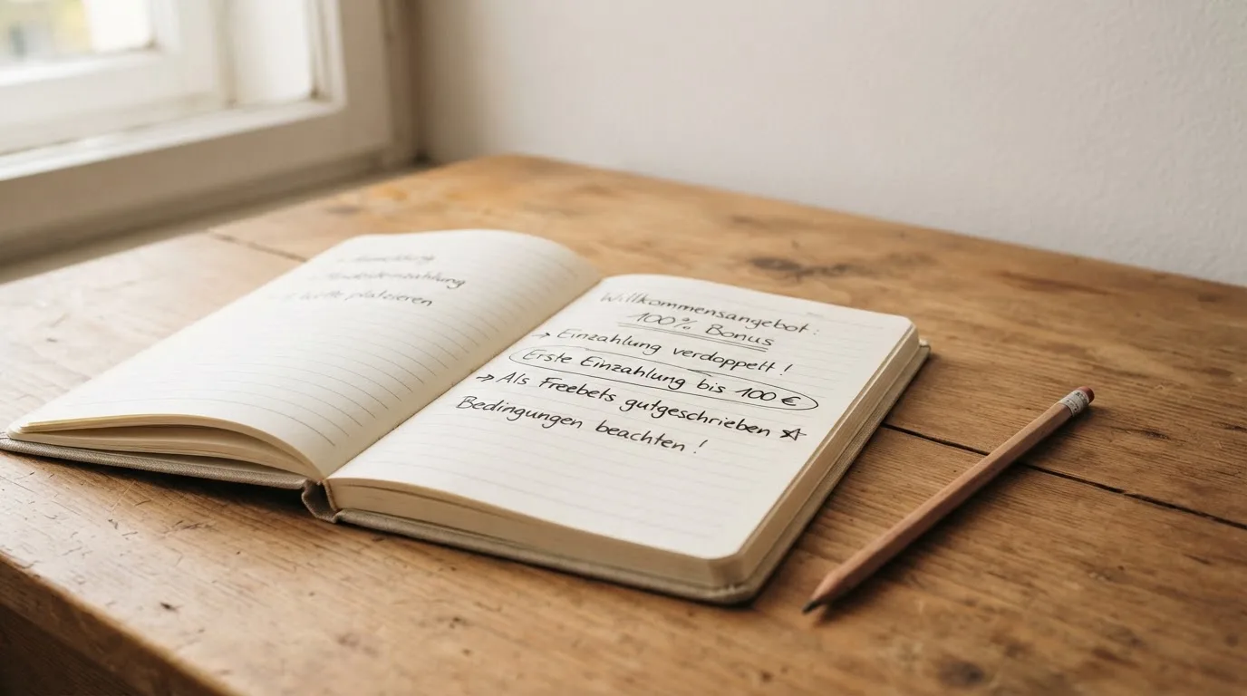 Ein Notizbuch mit handschriftlichen Notizen und ein Bleistift liegen auf einem Schreibtisch am Fenster, draußen fällt Morgenlicht herein.