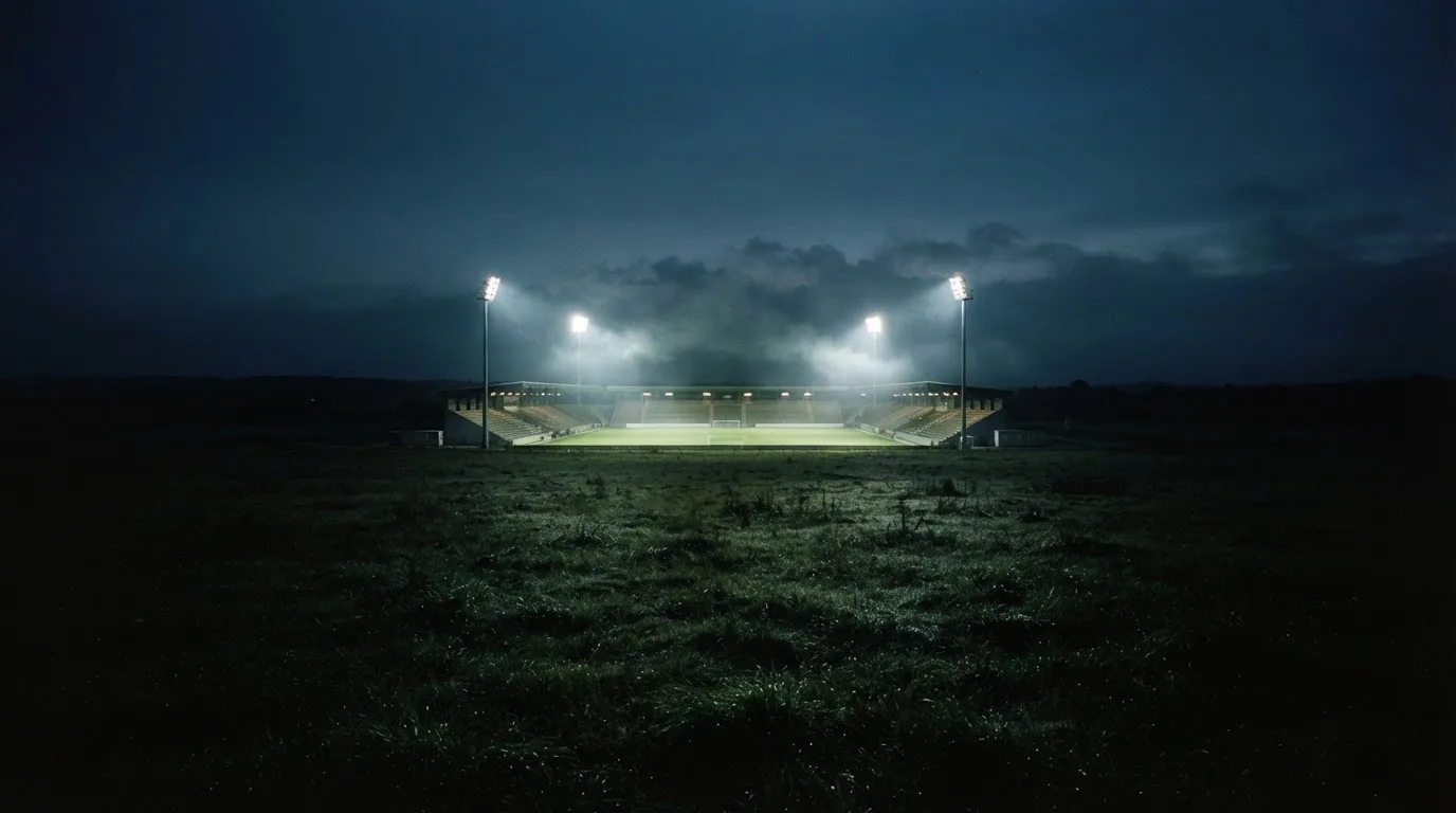 Ein Stadion unter Flutlicht, aus großer Entfernung über eine dunkle Wiese fotografiert, am Himmel zieht Nebel auf.