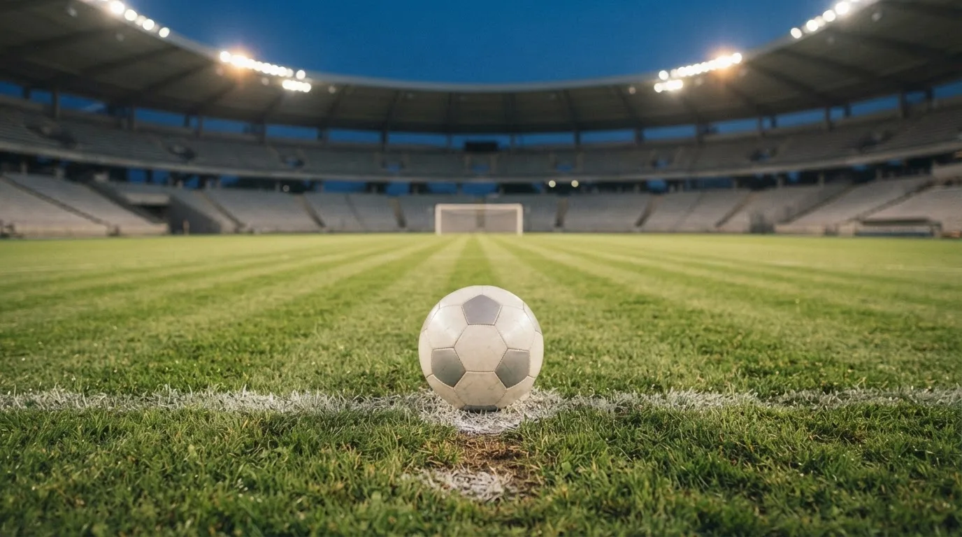 Ein Fußball liegt auf dem Anstoßpunkt eines leeren Rasenplatzes, im Hintergrund steht ein Stadion unter Flutlicht in der Dämmerung.