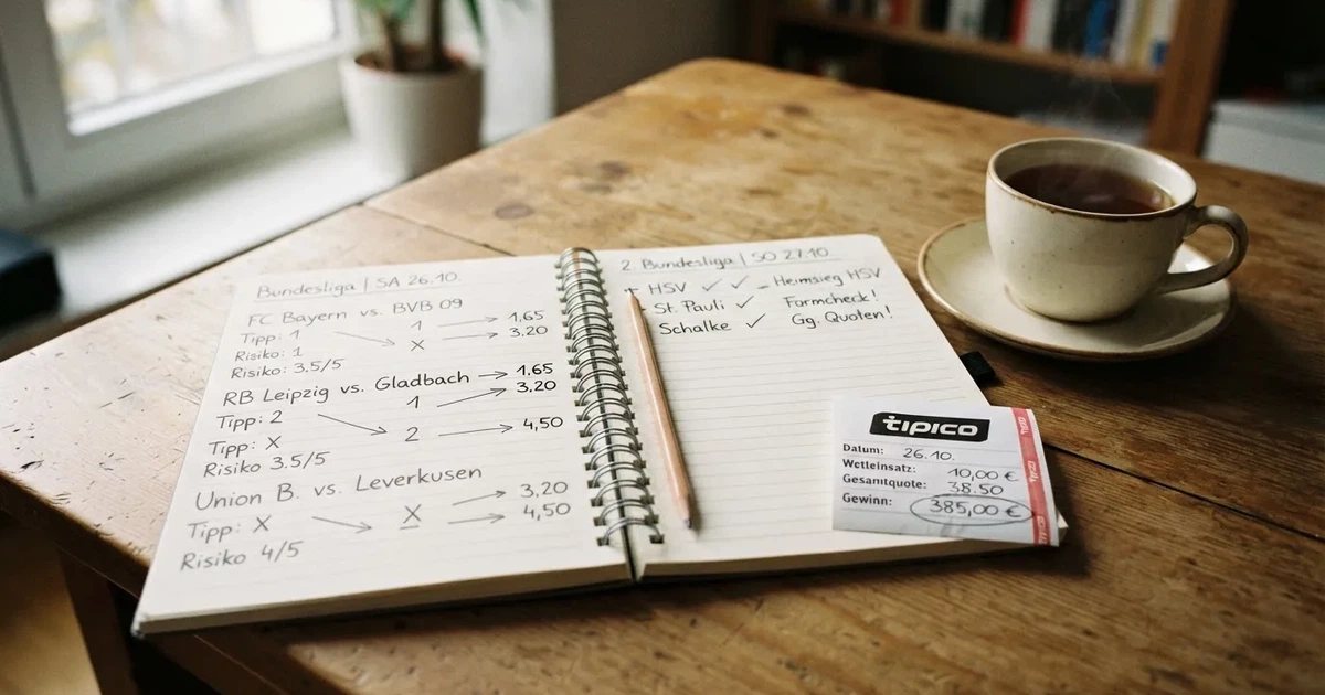 Ein Notizbuch mit handschriftlichen Notizen und Pfeilen liegt aufgeschlagen auf einem Schreibtisch, daneben ein Bleistift und eine Tasse Tee.