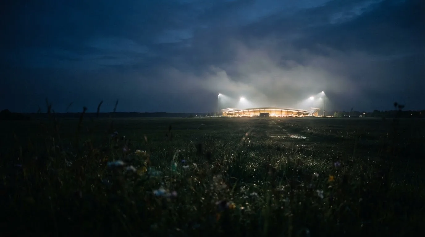 Ein Stadion unter Flutlicht, aus großer Entfernung über eine dunkle Wiese fotografiert, am Himmel zieht Nebel auf.