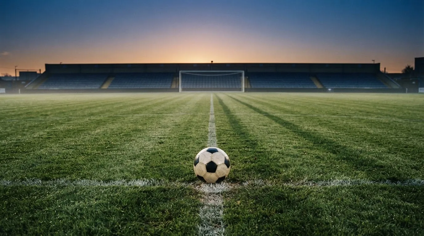 Ein Fußball liegt auf dem Anstoßpunkt eines leeren Rasenplatzes in der Morgendämmerung, im Hintergrund eine leere Tribüne.