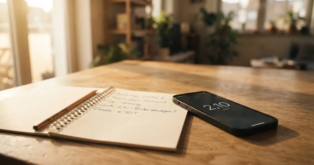 Mehrere Smartphones liegen mit dem Display nach unten neben einem Notizblock und einem Bleistift auf einem hellen Holztisch, seitliches Morgenlicht.
