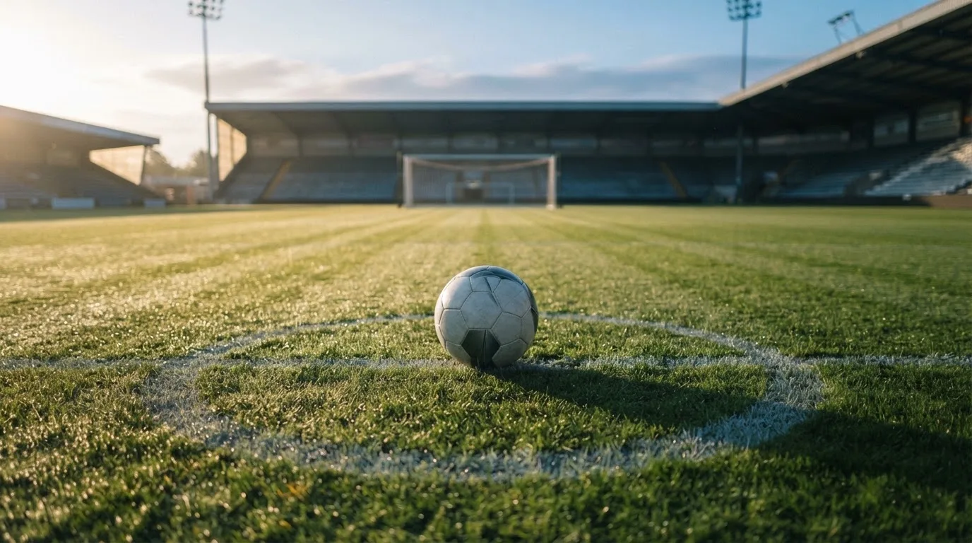 Ein Fußball ruht auf dem Mittelkreis eines leeren Rasenplatzes in der Morgendämmerung, Tau liegt auf dem Gras.