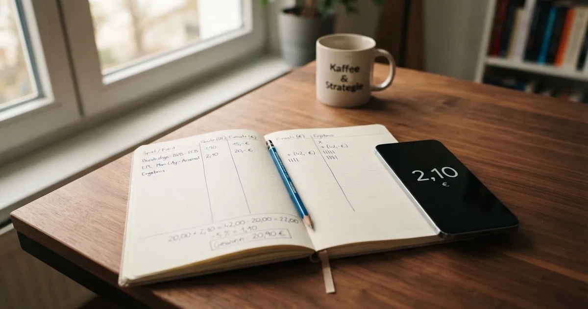Ein Notizbuch mit handschriftlichen Spalten und Strichlisten liegt neben einem Taschenrechner und einem Bleistift auf einem Schreibtisch.
