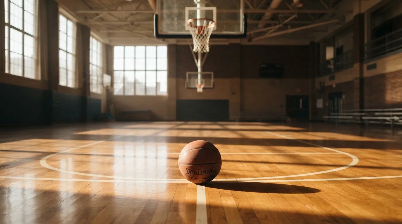 Ein Basketball liegt auf dem Hallenboden unter einem Korb, das Netz hängt ruhig, Morgenlicht fällt durch hohe Fenster.