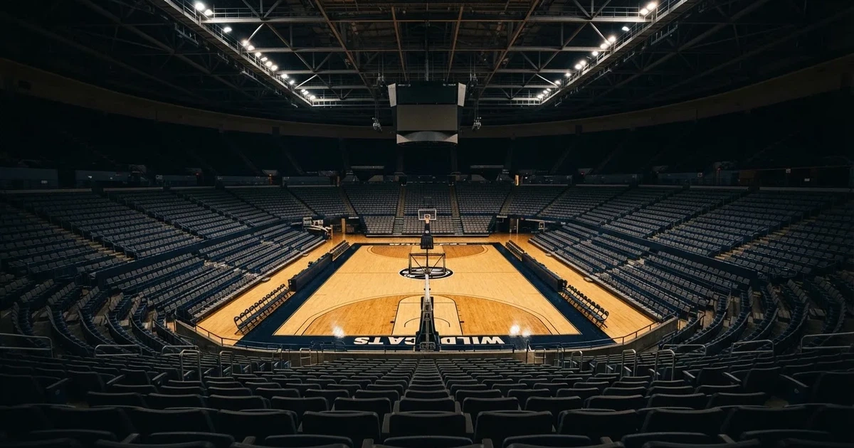 Eine leere Basketballhalle von einer oberen Tribünenreihe aus gesehen, Parkett und Körbe im Licht der Hallenstrahler.
