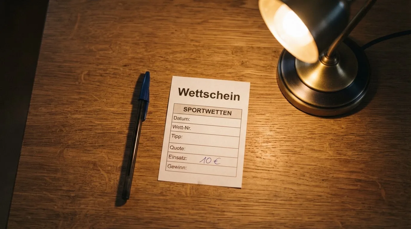 Ein leerer Wettschein aus Papier und ein Kugelschreiber liegen auf einer Tischplatte neben einer kleinen Tischlampe.