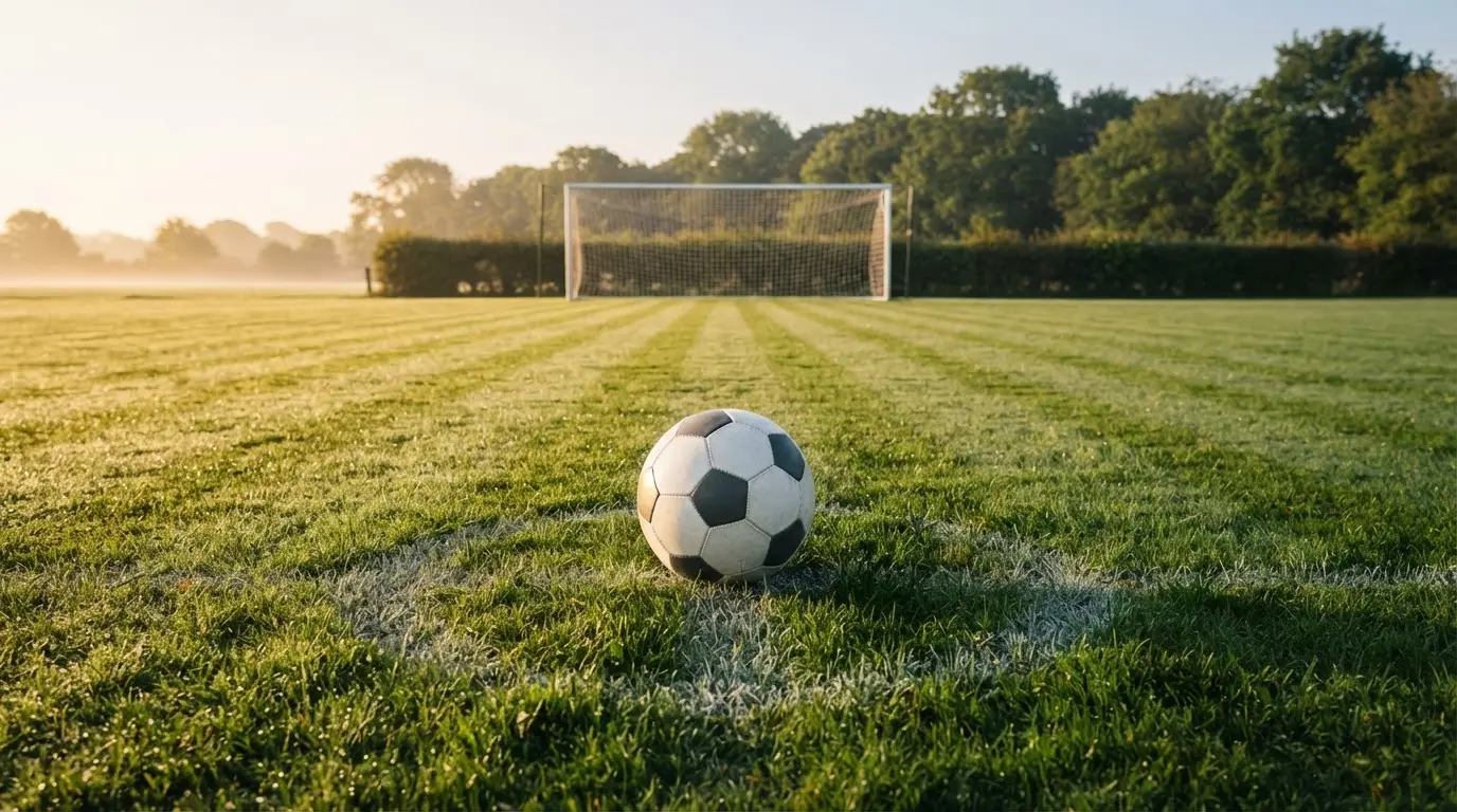 Ein Fußball liegt auf dem Anstoßkreis eines leeren Rasenplatzes im Licht der Morgensonne.