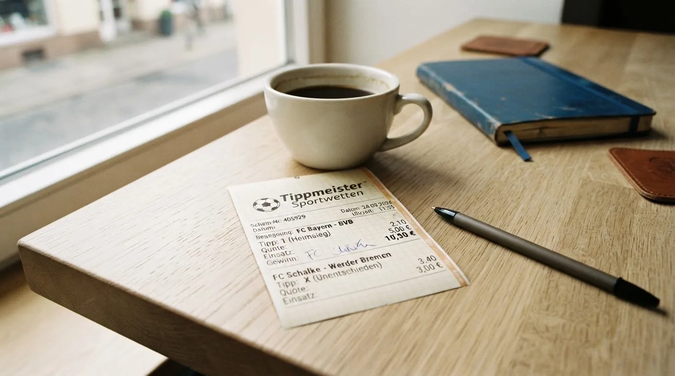 Ein leerer Wettschein aus Papier liegt neben einem Kugelschreiber und einer Tasse auf einem hellen Holztisch.