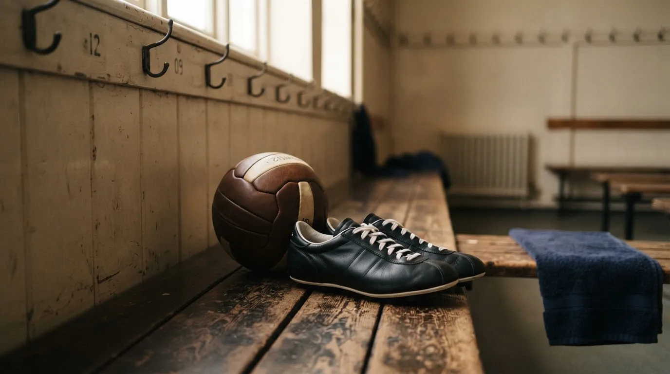Ein Fußball liegt neben einem Paar Fußballschuhen ohne Markenzeichen auf einer Holzbank in einer leeren Umkleide.