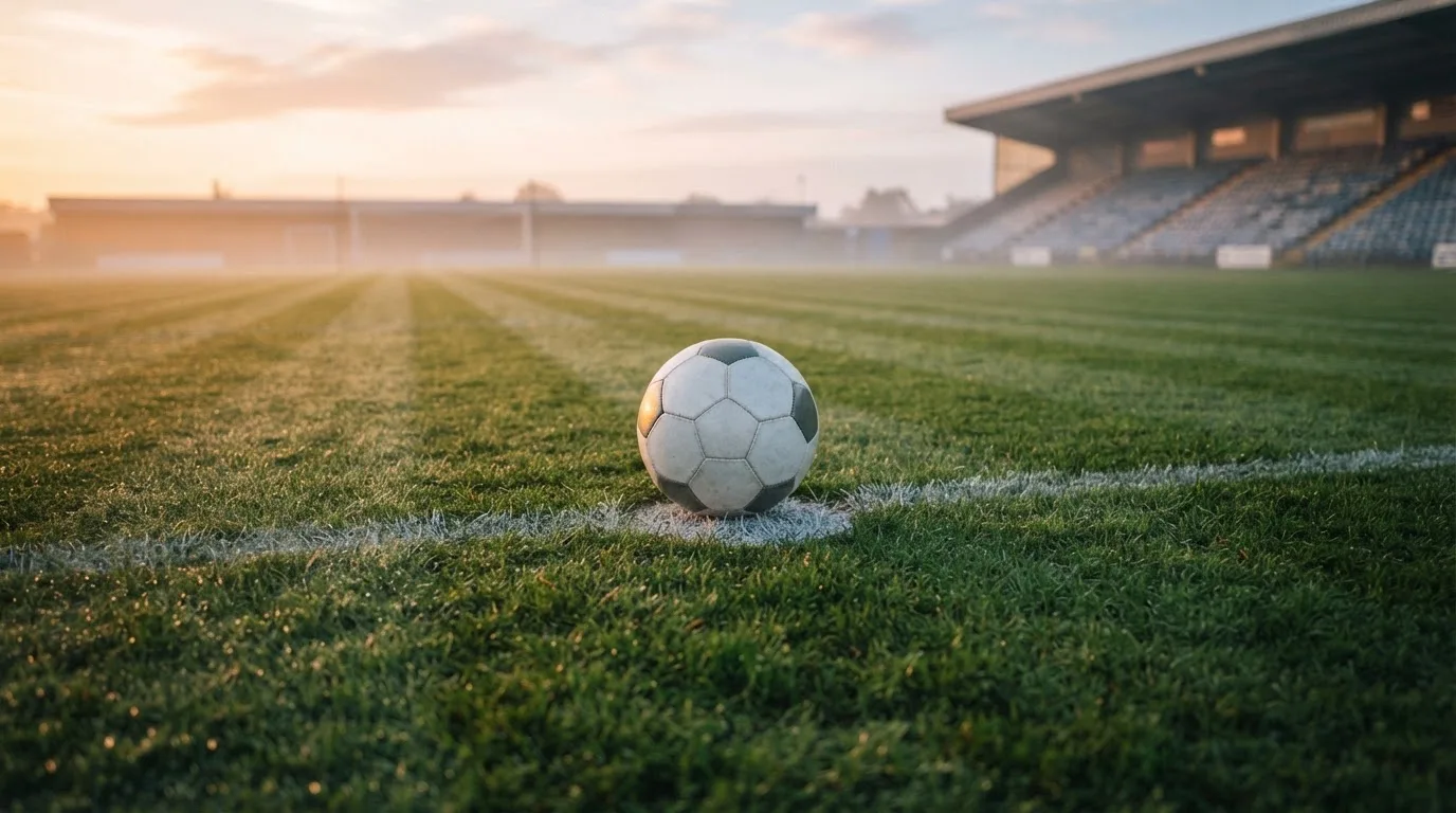 Ein Fußball liegt auf dem Anstoßpunkt eines leeren Rasenplatzes in der Morgendämmerung, im Hintergrund eine leere Tribüne.