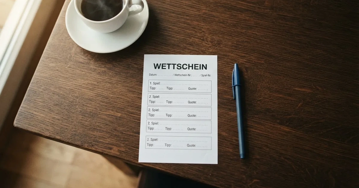 Ein leerer Wettschein aus Papier liegt neben einem Kugelschreiber und einer Tasse Kaffee auf einem Tisch, Aufnahme von oben.