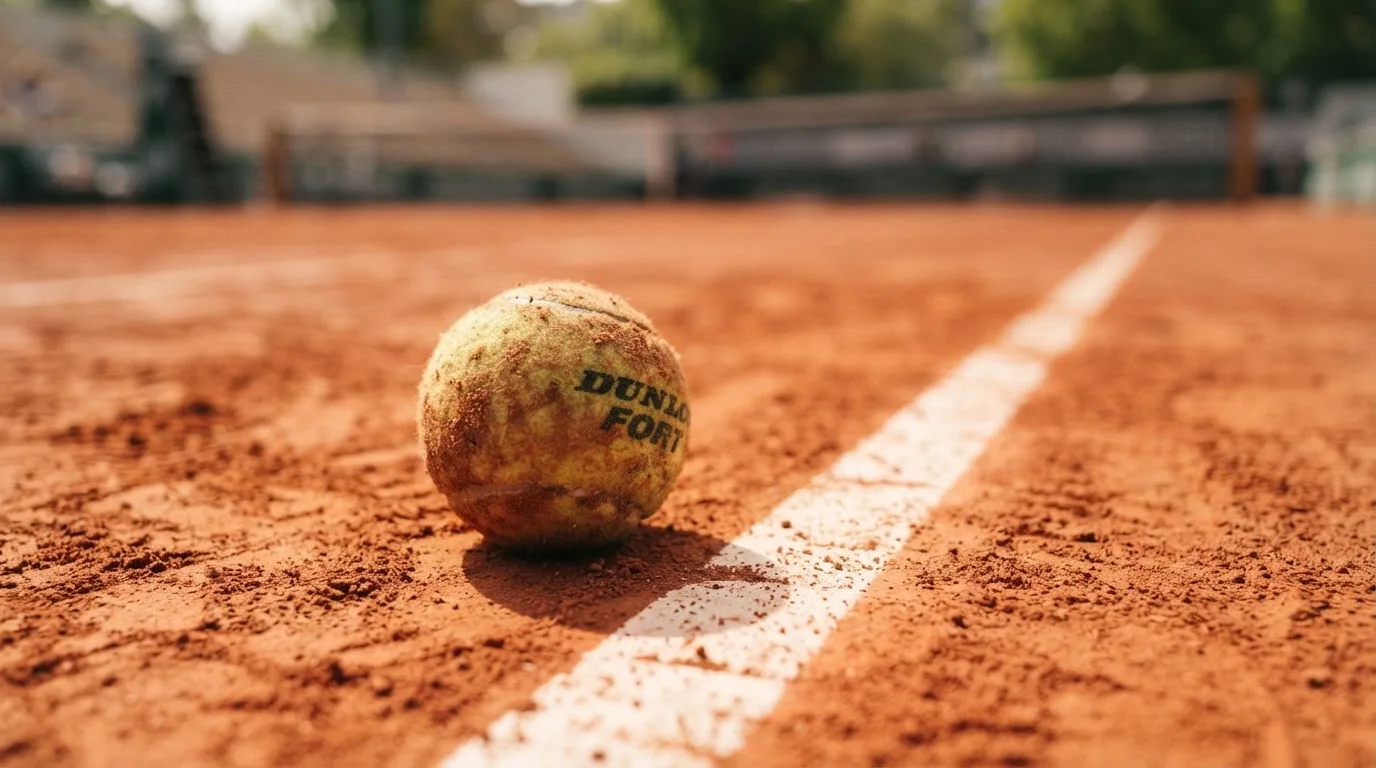 Ein einzelner Tennisball liegt auf rotem Sand neben einer weißen Linie, geringe Schärfentiefe.