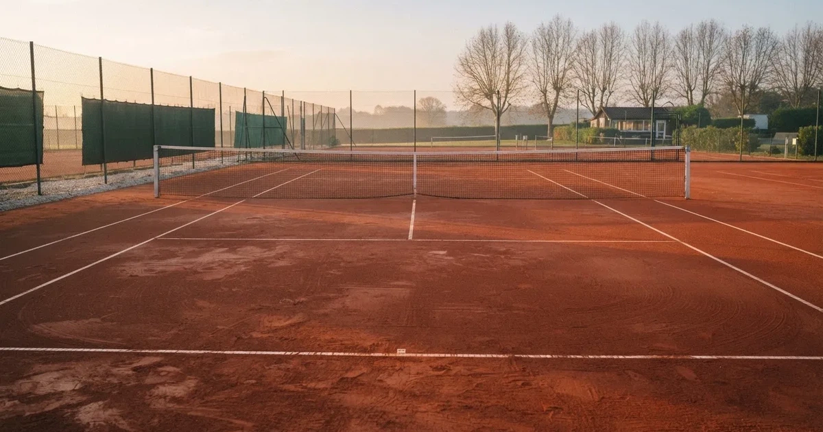 Ein Sandplatz im frühen Morgenlicht, frisch gewalzt, mit weißen Linien und einem Netz im Hintergrund, keine Menschen.