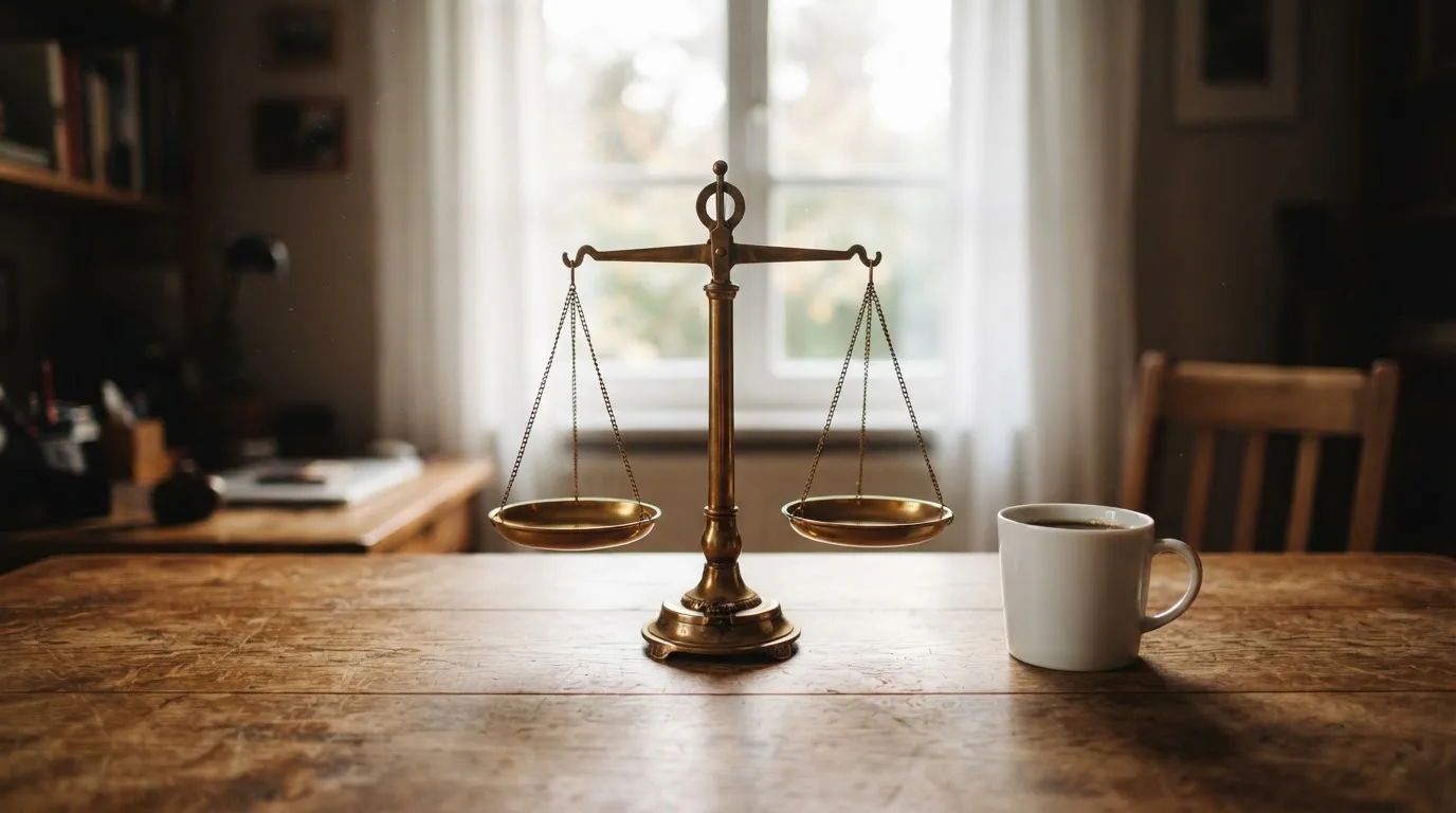 Eine Messingwaage steht auf einem Holzschreibtisch neben einer Kaffeetasse, im Hintergrund ein helles Fenster.