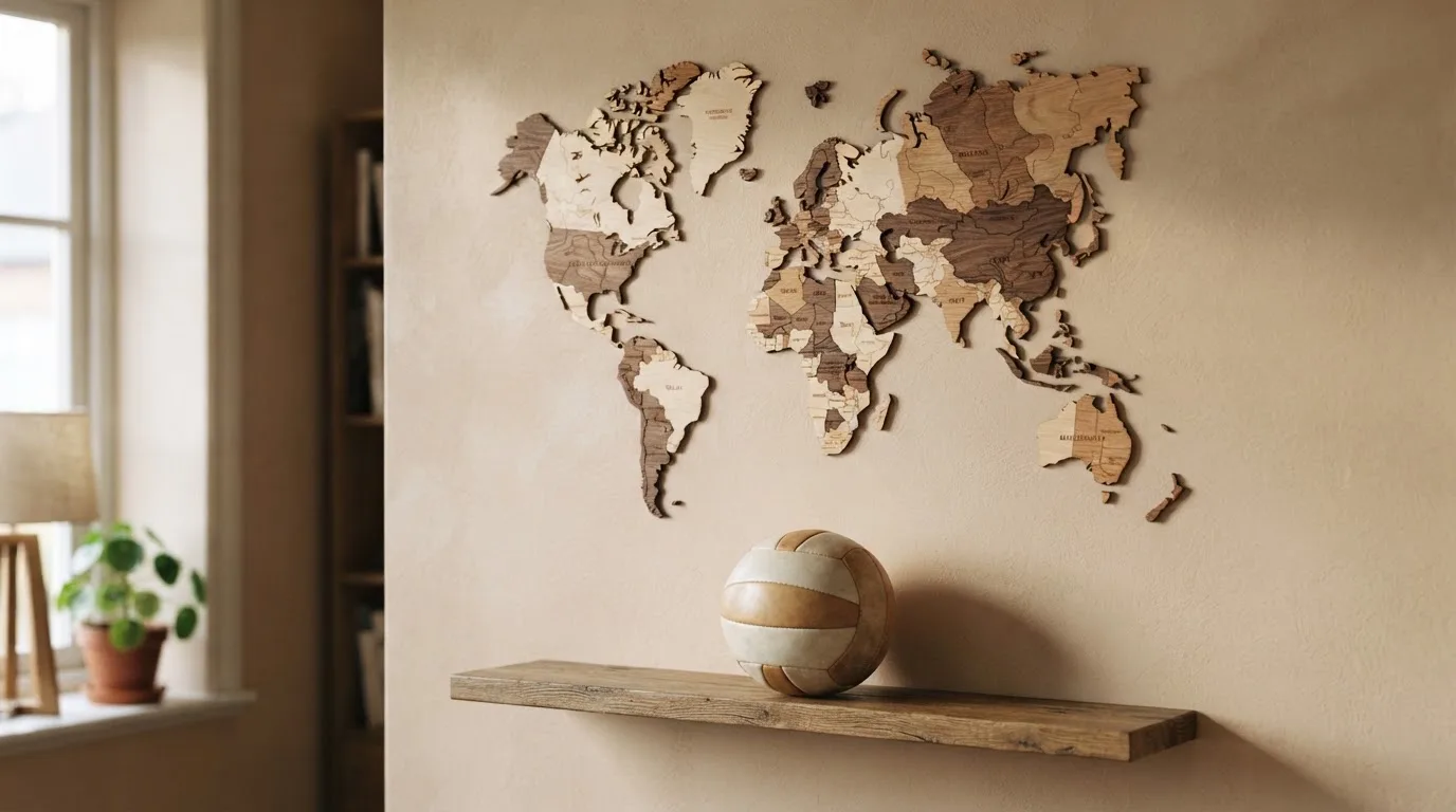 Eine Weltkarte aus Holz hängt an einer Wand, davor liegt ein Fußball auf einem Regal, ohne erkennbare Beschriftung.