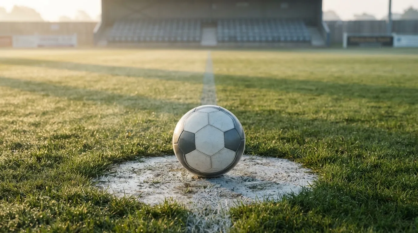 Ein Fußball liegt auf dem Anstoßpunkt eines leeren Rasenplatzes im frühen Morgenlicht, dahinter eine leere Tribüne.