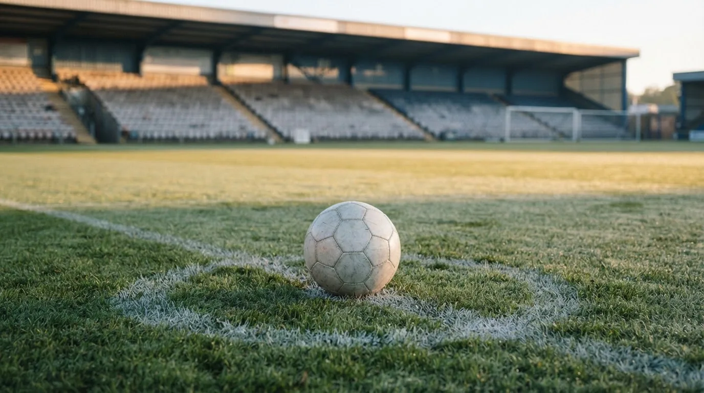 Ein Fußball liegt auf dem Anstoßpunkt eines leeren Rasenplatzes im frühen Morgenlicht, dahinter eine leere Tribüne.