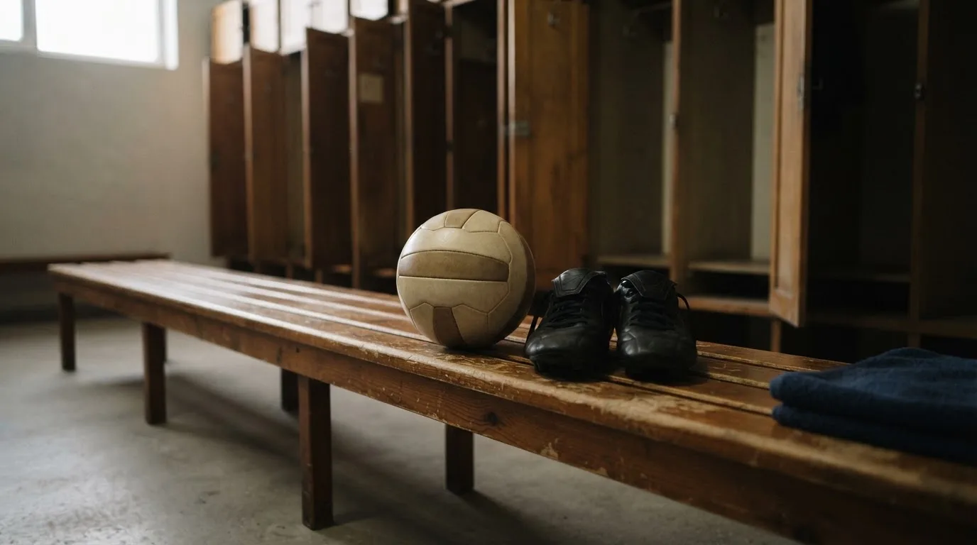 Ein Fußball liegt auf einer Holzbank in einer leeren Umkleide neben einem Paar Fußballschuhen ohne Markenzeichen.