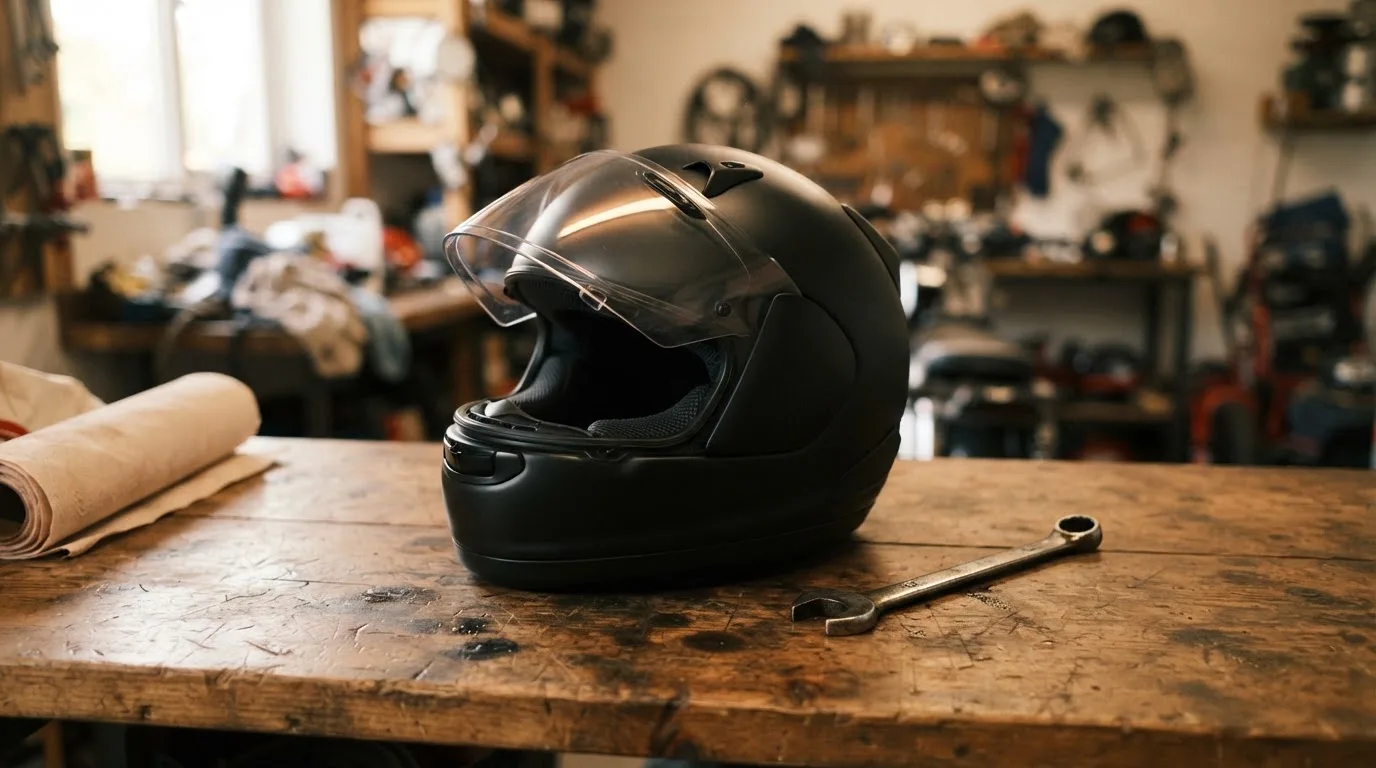 Ein schwarzer Motorradhelm ohne Aufdruck liegt auf einer Werkbank neben einem Schraubenschlüssel, warmes Licht einer Werkstatt.