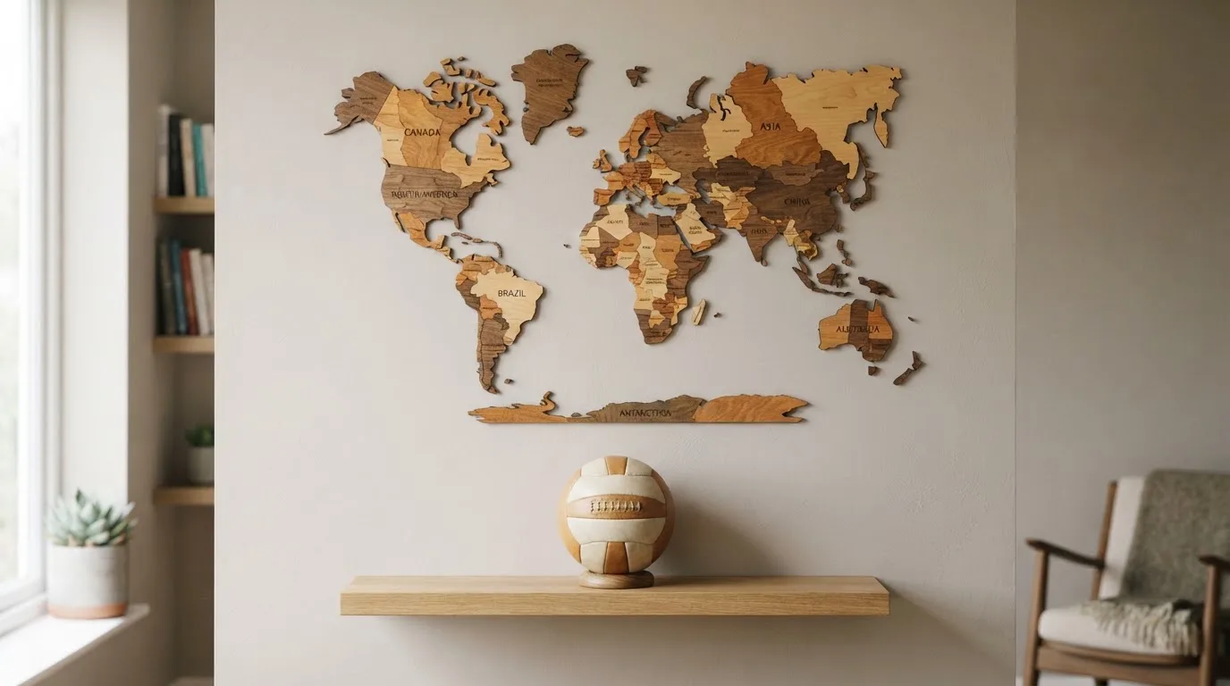 Eine Weltkarte aus Holz hängt an einer Wand, davor liegt ein Fußball auf einem Regal, ohne erkennbare Beschriftung.