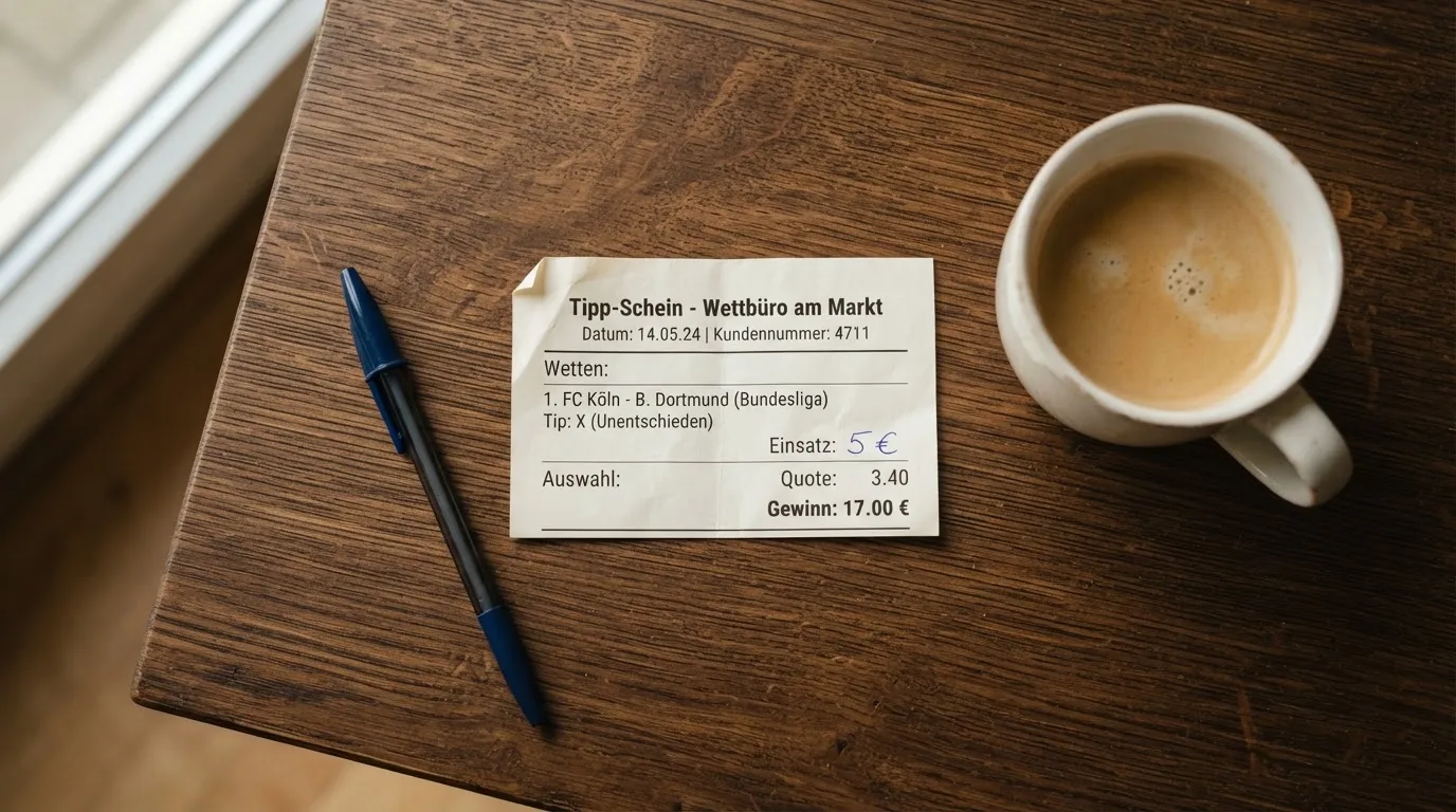 Ein leerer Wettschein aus Papier liegt neben einem Kugelschreiber und einer Tasse Kaffee auf einem Holztisch, Aufnahme von oben.