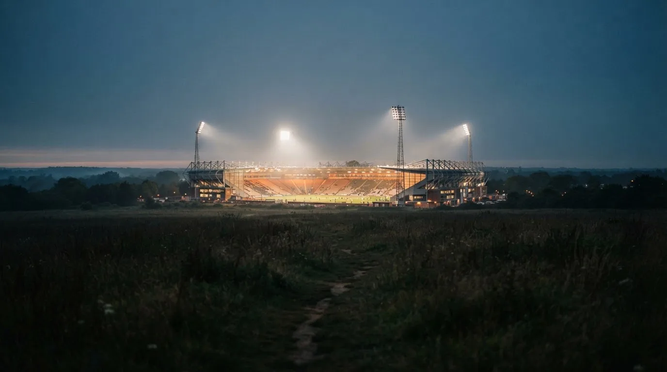 Ein großes Stadion unter Flutlicht, aus der Ferne über eine dunkle Wiese gesehen, die Lichtmasten spiegeln sich im Dunst der Abenddämmerung.