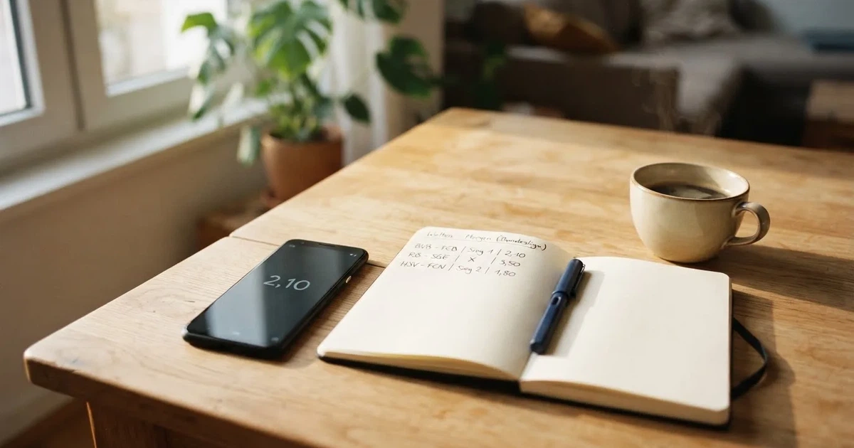 Ein Smartphone mit dunklem Display liegt neben einem Notizbuch mit handschriftlichen Notizen auf einem hellen Holztisch, daneben eine Tasse Kaffee im Morgenlicht.