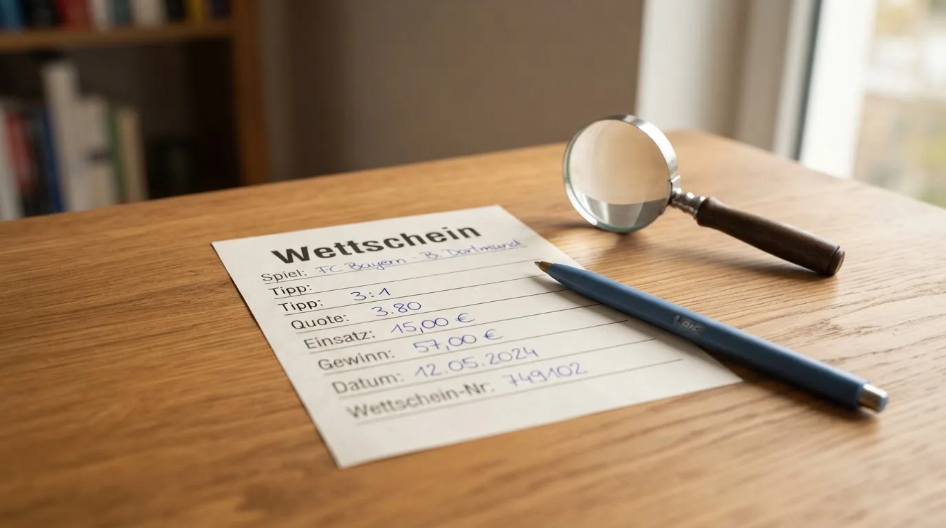Ein leerer Papierwettschein und ein Kugelschreiber liegen auf einem aufgeräumten Schreibtisch neben einer Lupe, weiches Licht von einem Fenster.
