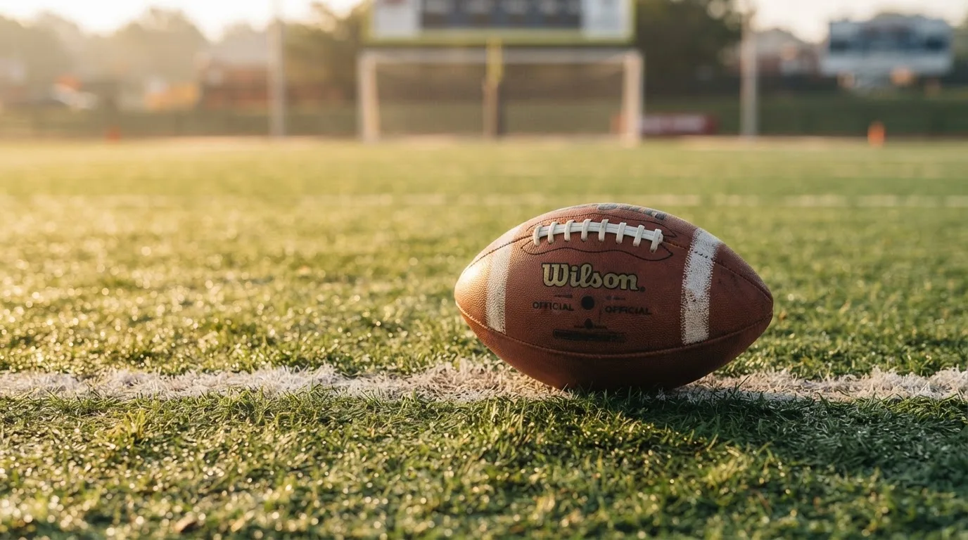 Ein ovaler Lederball mit heller Schnürung liegt auf dem Rasen vor der Endzone, Tau auf dem Gras im ersten Morgenlicht.