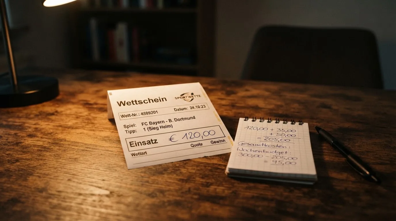 Ein leerer Papierwettschein, ein Kugelschreiber und ein Taschenrechner liegen auf einem Holztisch, warmes Licht einer Schreibtischlampe.