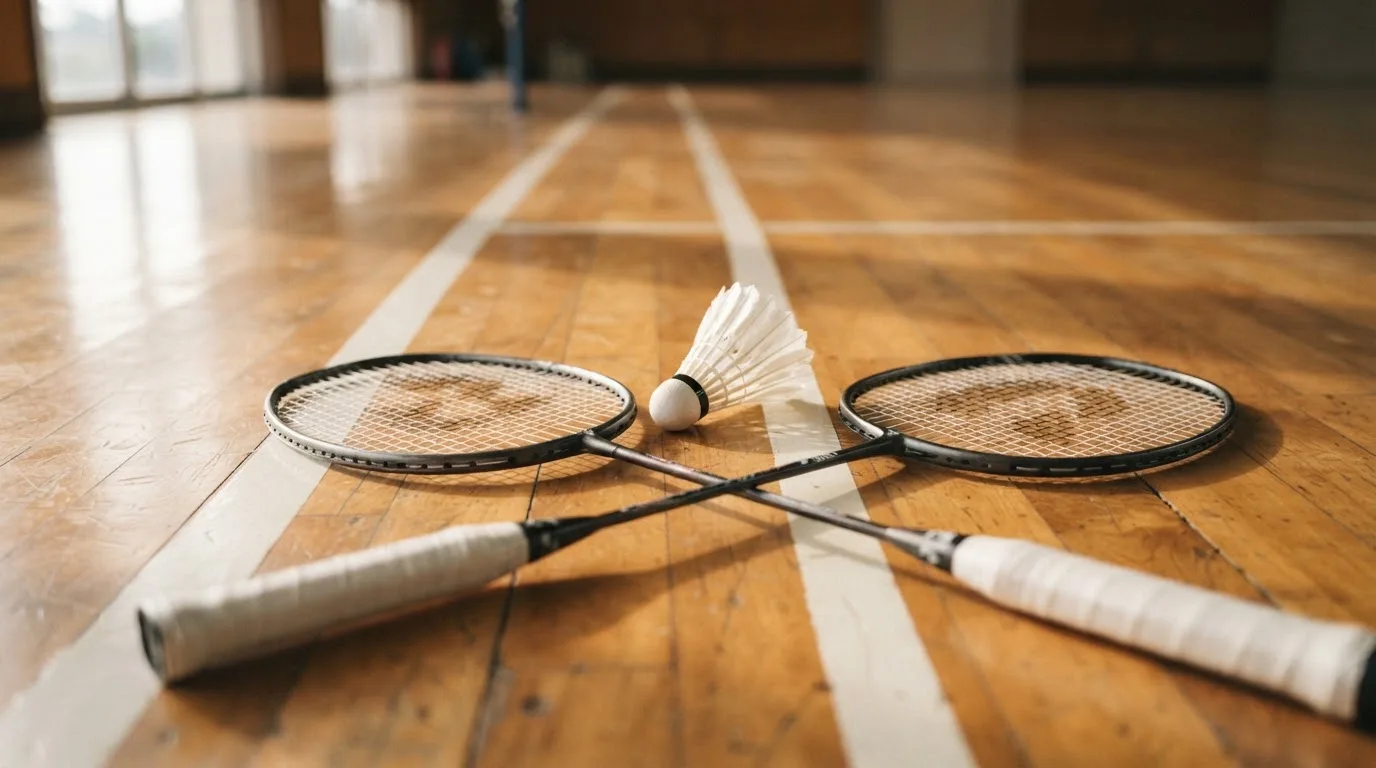 Zwei Badmintonschläger und ein Federball liegen auf einem Holzboden neben der Seitenlinie, weiches Licht fällt von der Seite ein.