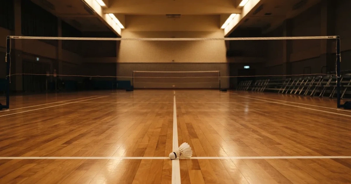 Eine leere Badmintonhalle mit gespanntem Netz und hellen Hallenlichtern, ein Federball liegt auf dem Hallenboden.