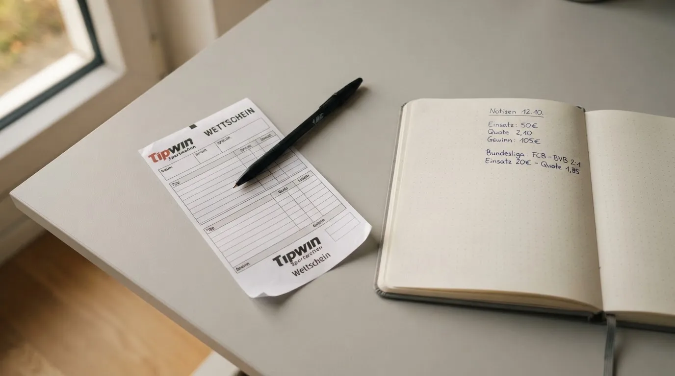 Ein leerer Papierwettschein und ein Kugelschreiber auf einer glatten Schreibtischplatte, daneben ein aufgeschlagenes Notizbuch mit handschriftlichen Notizen.