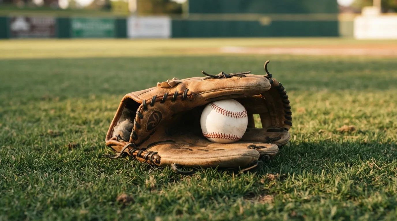 Ein weißer Baseball und ein Lederhandschuh liegen auf kurz geschnittenem Gras, im Hintergrund eine verschwommene Spielfeldbande.