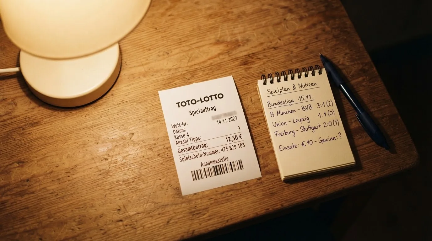 Ein leerer Papierwettschein, ein Kugelschreiber und ein Taschenrechner liegen auf einem Holztisch, warmes Licht einer Schreibtischlampe.