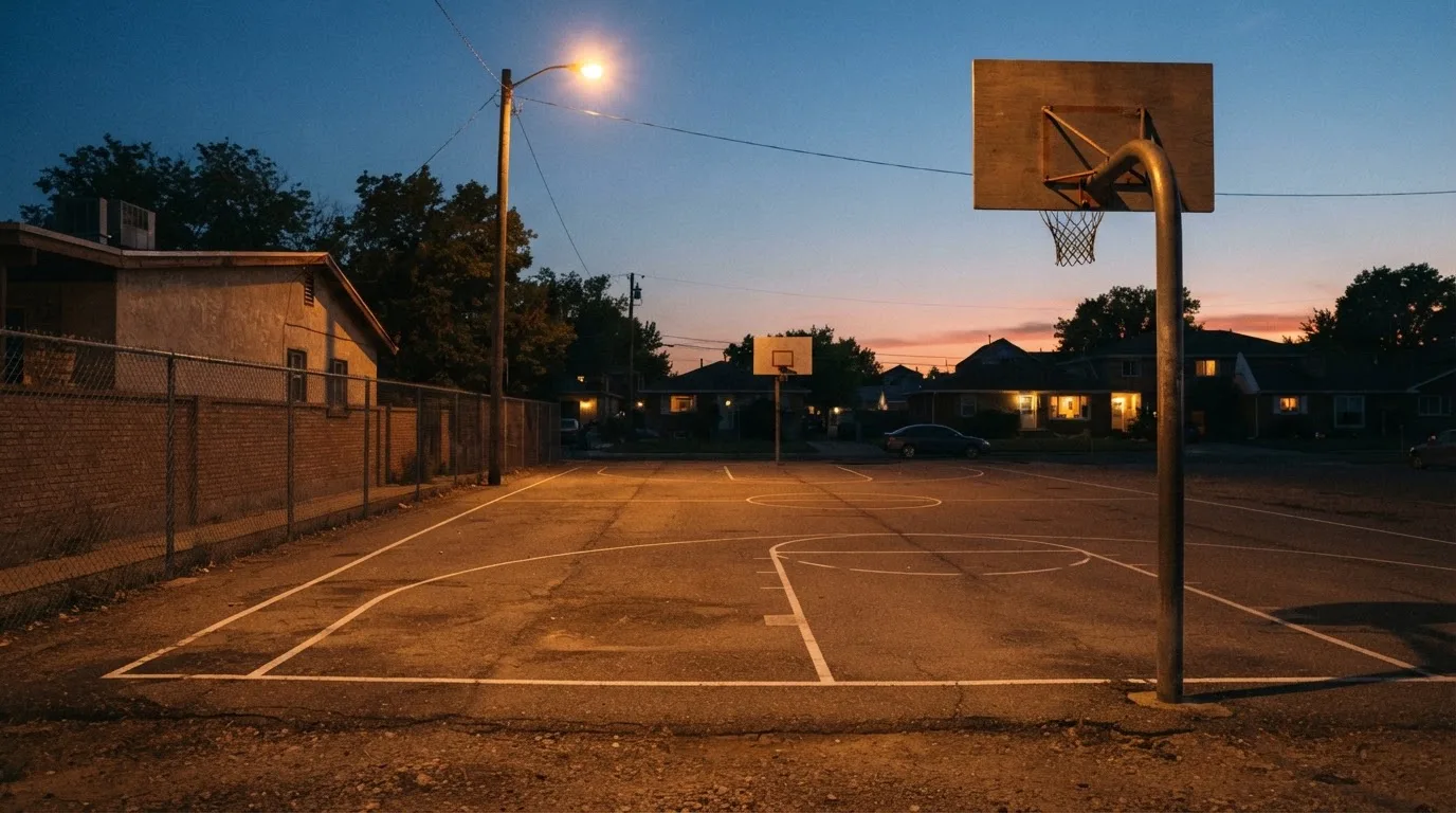 Ein Freiluft-Basketballplatz am Abend mit Asphalt, Linien und zwei Körben unter einer Straßenlaterne.