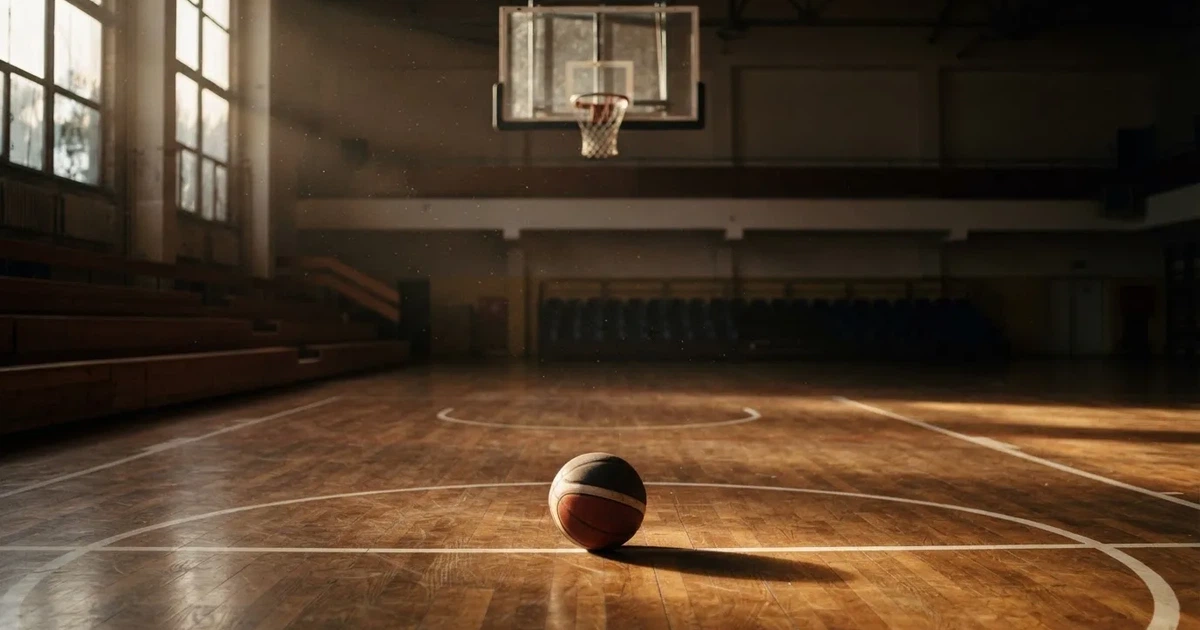 Ein Basketball liegt unter dem Korb auf dem Parkett einer leeren Sporthalle, Licht fällt durch hohe Fenster.