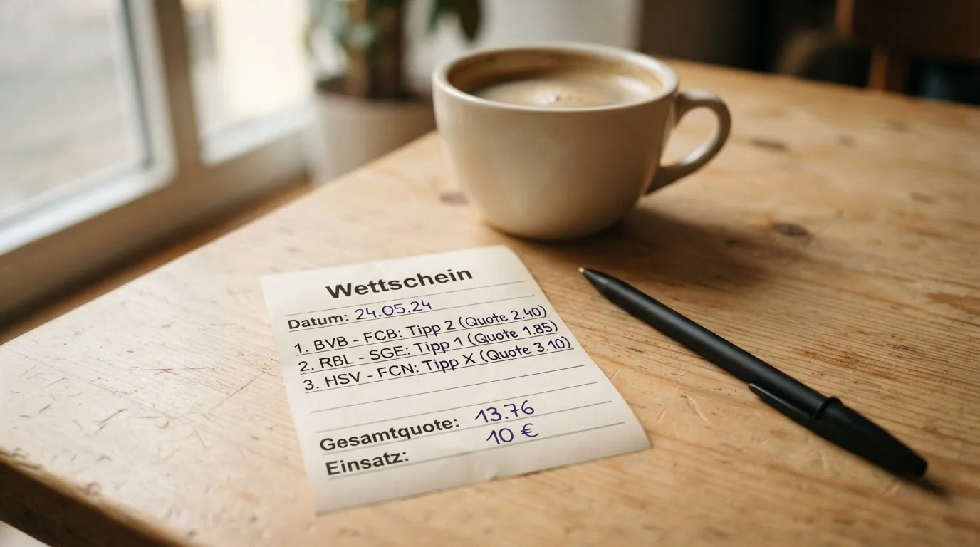 Ein leerer Wettschein aus Papier liegt neben einem Kugelschreiber und einer Tasse auf einem hellen Holztisch.