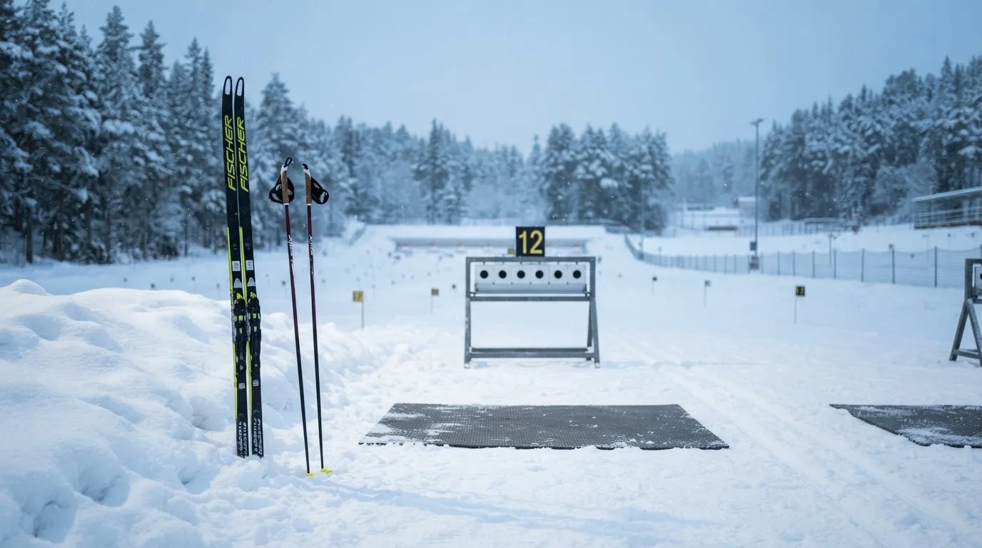 Ein Paar Langlaufskier steckt aufrecht im Schnee neben einem leeren Schießstand mit runden Zielscheiben, kaltes Winterlicht.