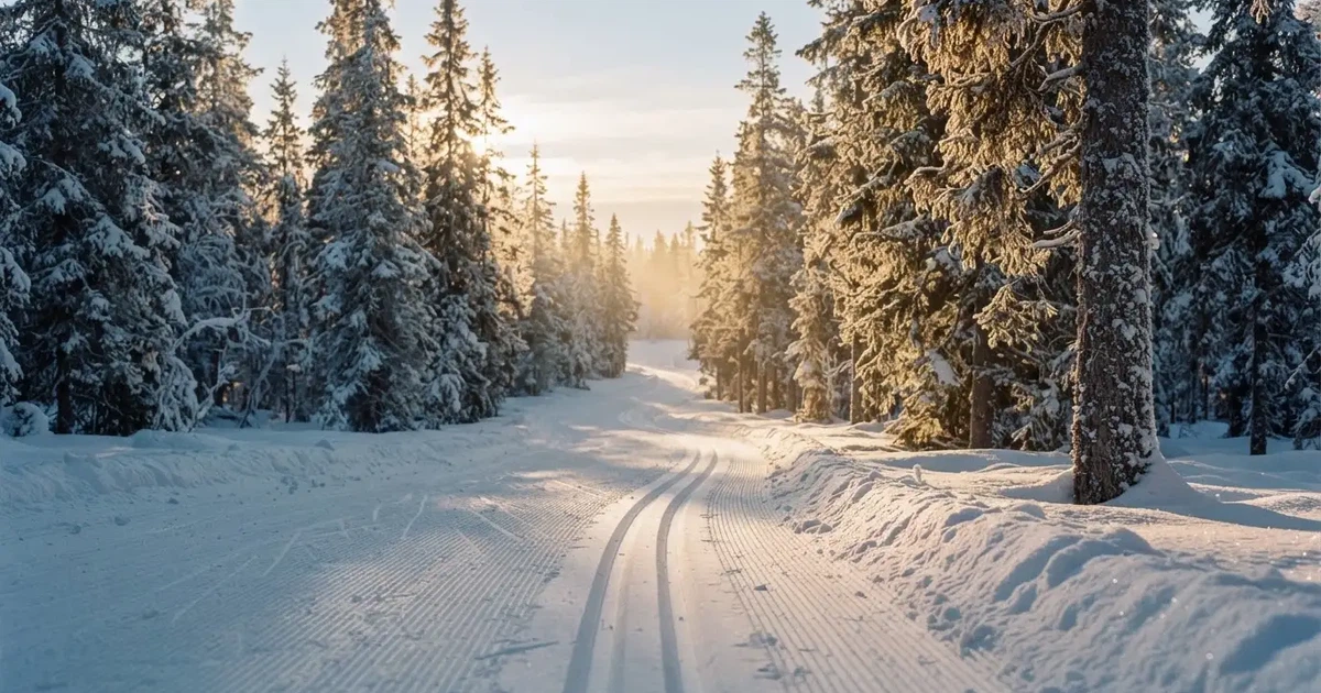Eine verschneite Loipe zwischen Fichten im Morgenlicht, frische Spuren im Schnee, kein Mensch zu sehen.