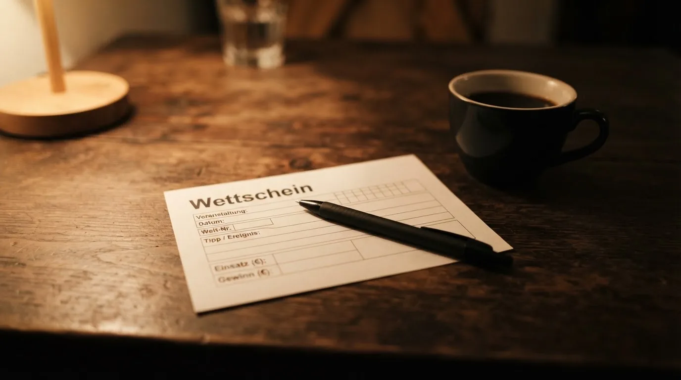Ein leerer Papierwettschein und ein Kugelschreiber liegen auf einem Holztisch neben einer Tasse, warmes Licht einer Lampe.