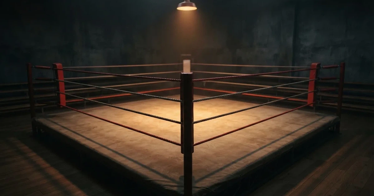 Ein Boxring mit gespannten Seilen in einer leeren Halle, ein einzelner Scheinwerfer leuchtet von oben auf die Ringmatte.