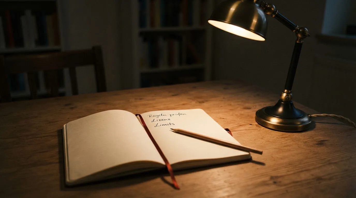Ein Notizbuch mit handschriftlichen Notizen und ein Bleistift liegen neben einer Tischlampe auf einem Schreibtisch, ruhiges Abendlicht.