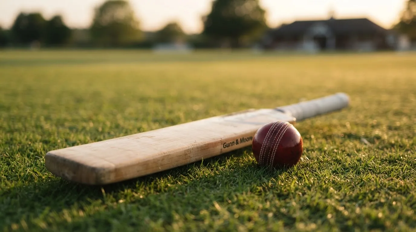 Ein Cricketschläger aus hellem Holz und ein roter Lederball liegen auf kurzem Rasen, weiches Abendlicht.