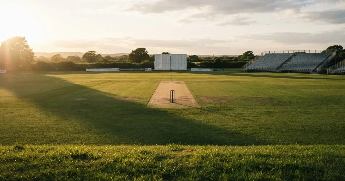 Ein weites grünes Cricketfeld mit einem hellen Streifen in der Mitte, tief stehende Sonne, im Hintergrund eine leere Tribüne.