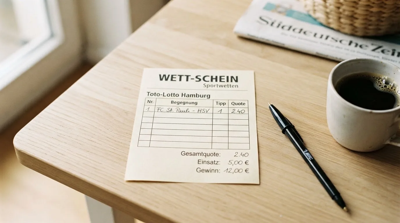 Ein leerer Wettschein aus Papier liegt neben einem Kugelschreiber und einer Tasse auf einem hellen Holztisch.