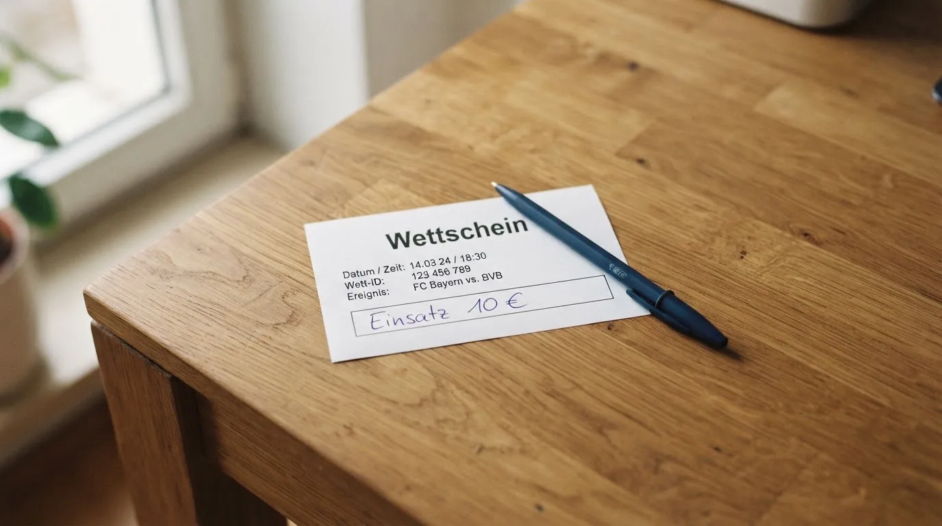 Ein leerer Papierwettschein und ein Kugelschreiber liegen auf einem aufgeräumten Schreibtisch, weiches Licht von einem Fenster.
